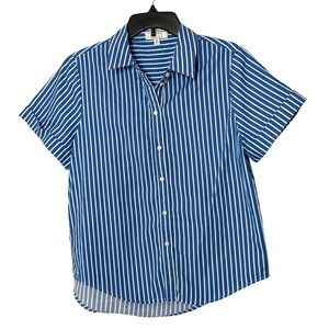 AYR Short Sleeve Button Down Cotton Shirt Blue White Striped  - Medium